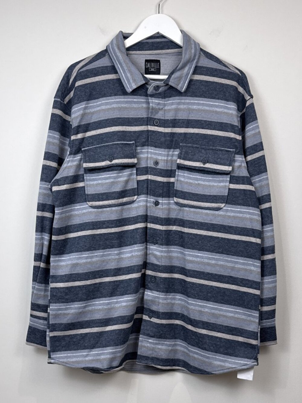 Caliville Mens XXL Striped Long Sleeve Button Down Knit Shacket Shirt Blue Grey